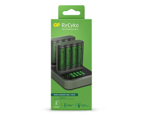 Dwie szybkie ładowarki podstawowe GP ReCyko (USB) M451 + stacja dokująca D851 + 8 akumulatorów NiMH AA 2600 mAh