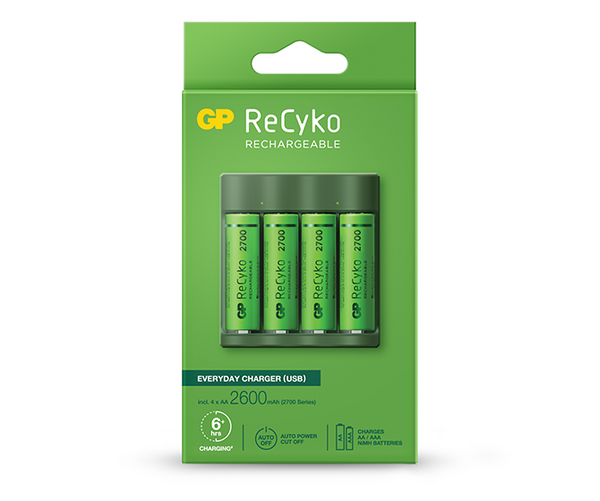 Ładowarka podstawowa GP ReCyko (USB) B421 + 4 akumulatory NiMH AA 2600 mAh + zasilacz sieciowy